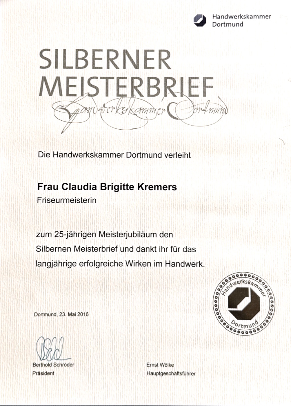 Silberner Meisterbrief von Claudia Kremers