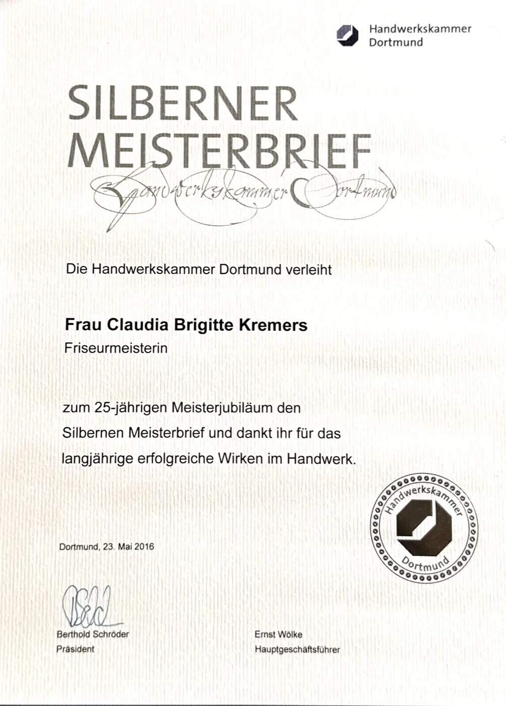 Silberner Meisterbrief von Claudia Kremers
