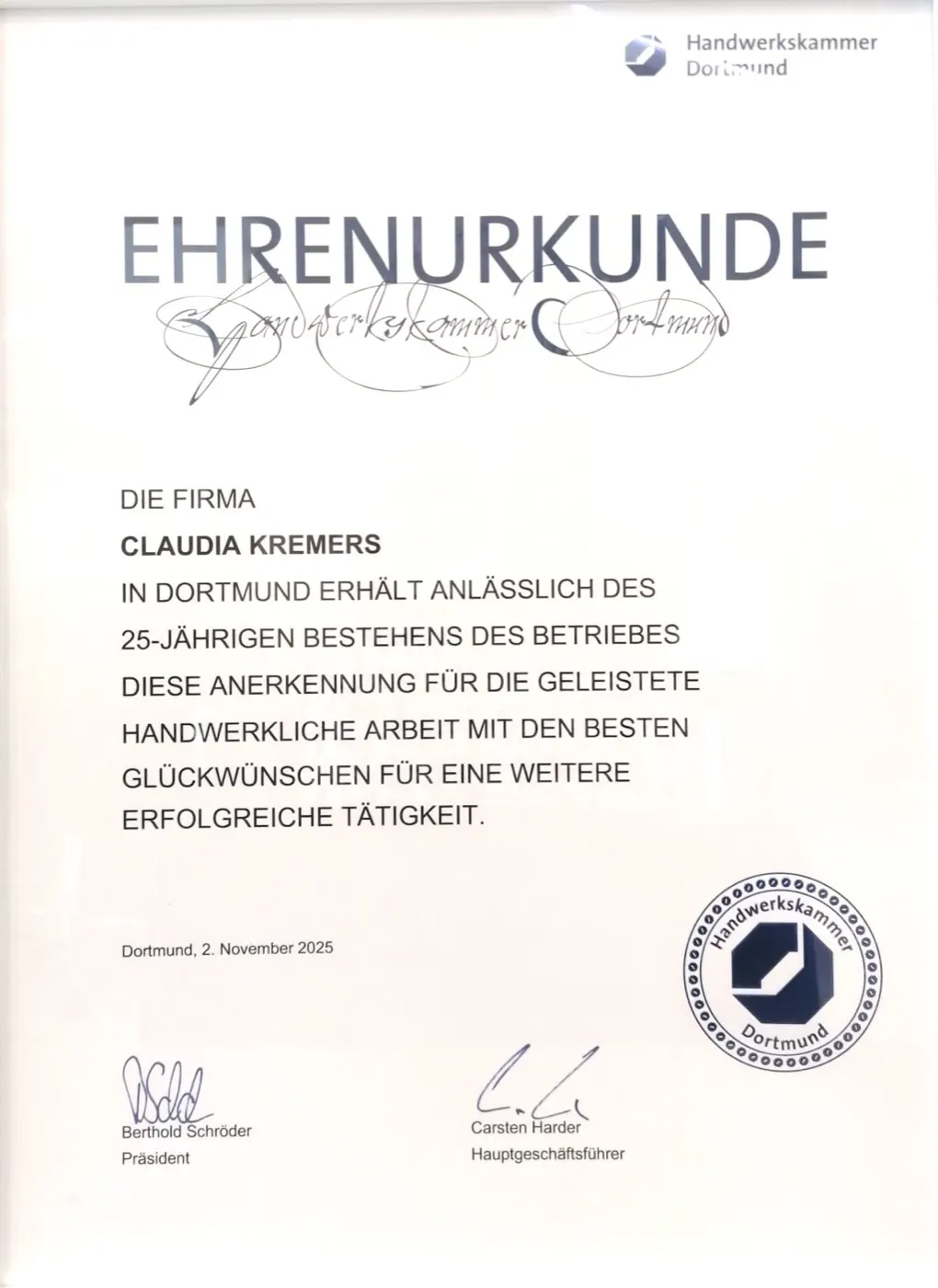Ehrenurkunde der Handwerkskammer Dortmund – 25 Jahre Betrieb Claudia Kremers