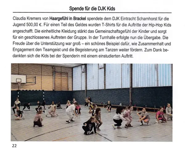 Artikel „Spende für die DJK Kids“ im Pfarrbrief mit Trainingsfoto der Hip-Hop-Kids